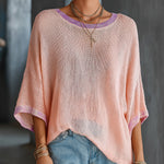 ElevenOra Chic Elegant Pink Round-Neck Short-Flare-Sleeve Purple Trim Detail Loose-Fit Breathable Knit Sweater