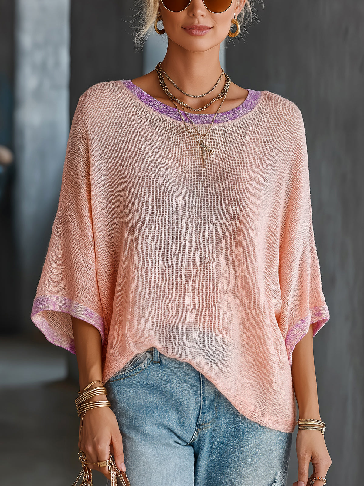 ElevenOra Chic Elegant Pink Round-Neck Short-Flare-Sleeve Purple Trim Detail Loose-Fit Breathable Knit Sweater