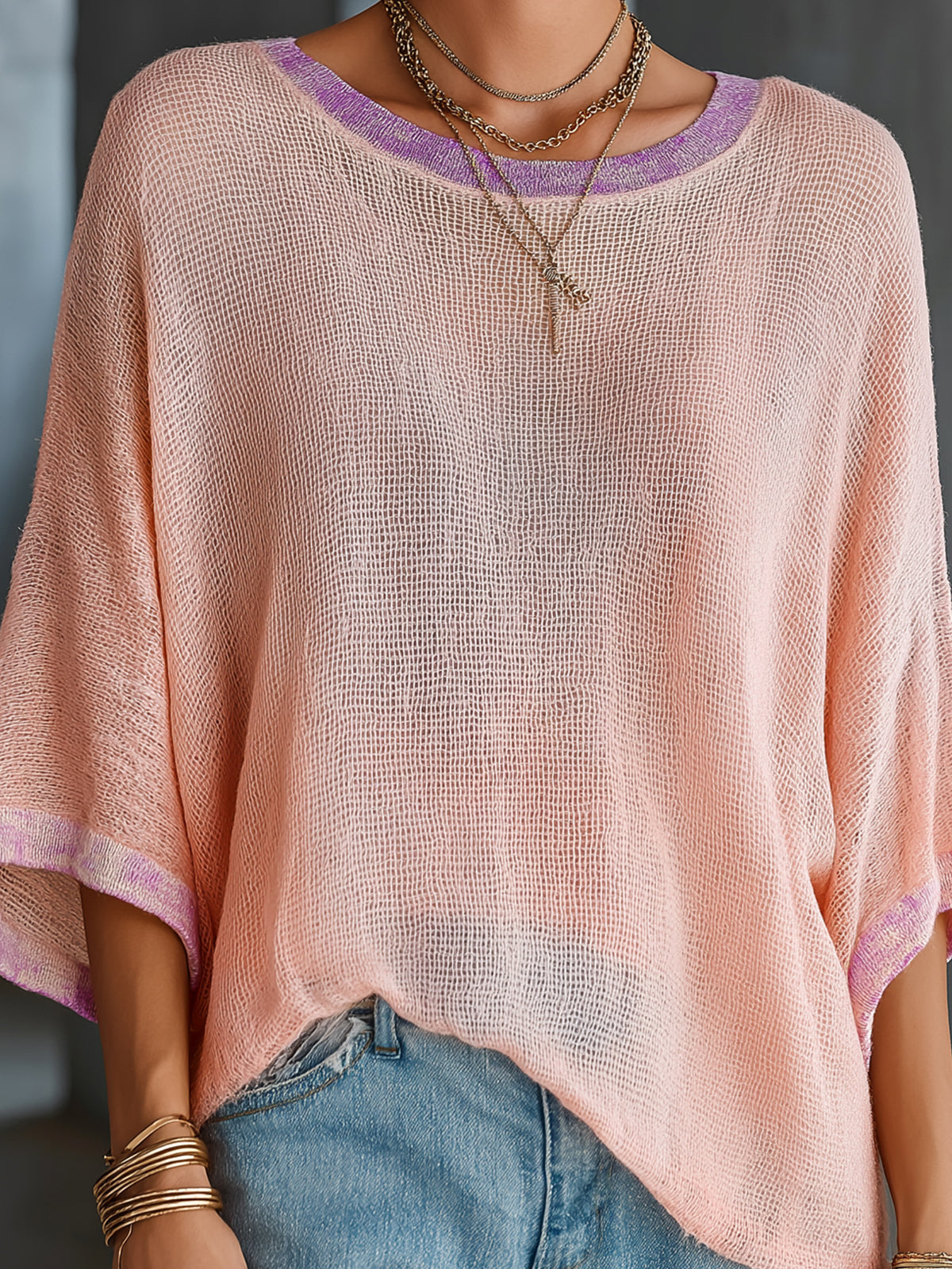 ElevenOra Chic Elegant Pink Round-Neck Short-Flare-Sleeve Purple Trim Detail Loose-Fit Breathable Knit Sweater