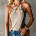 ElevenOra Chic Elegant Beige-Camel Colorblock Halter-Round-Neck Sleeveless Loose-Fit Ribbed Knit Vest Top