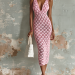 ElevenOra Chic Elegant Pink V-Neck Sleeveless Slim-Fit Hollow-Out Knit Midi Dress