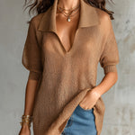 ElevenOra Chic Elegant Brown Lapel V-Neck Short-Lantern-Sleeve Loose-Fit Mesh Knit Sweater Top