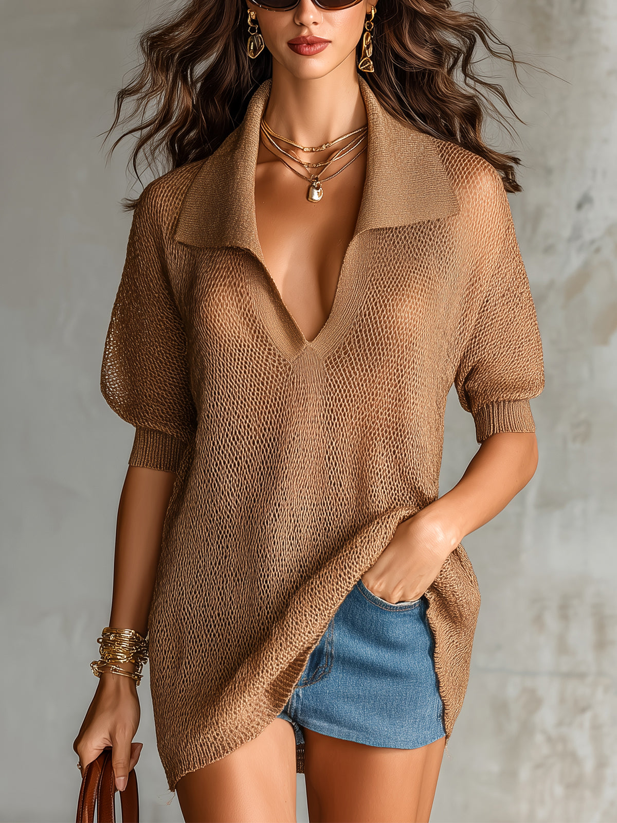 ElevenOra Chic Elegant Brown Lapel V-Neck Short-Lantern-Sleeve Loose-Fit Mesh Knit Sweater Top