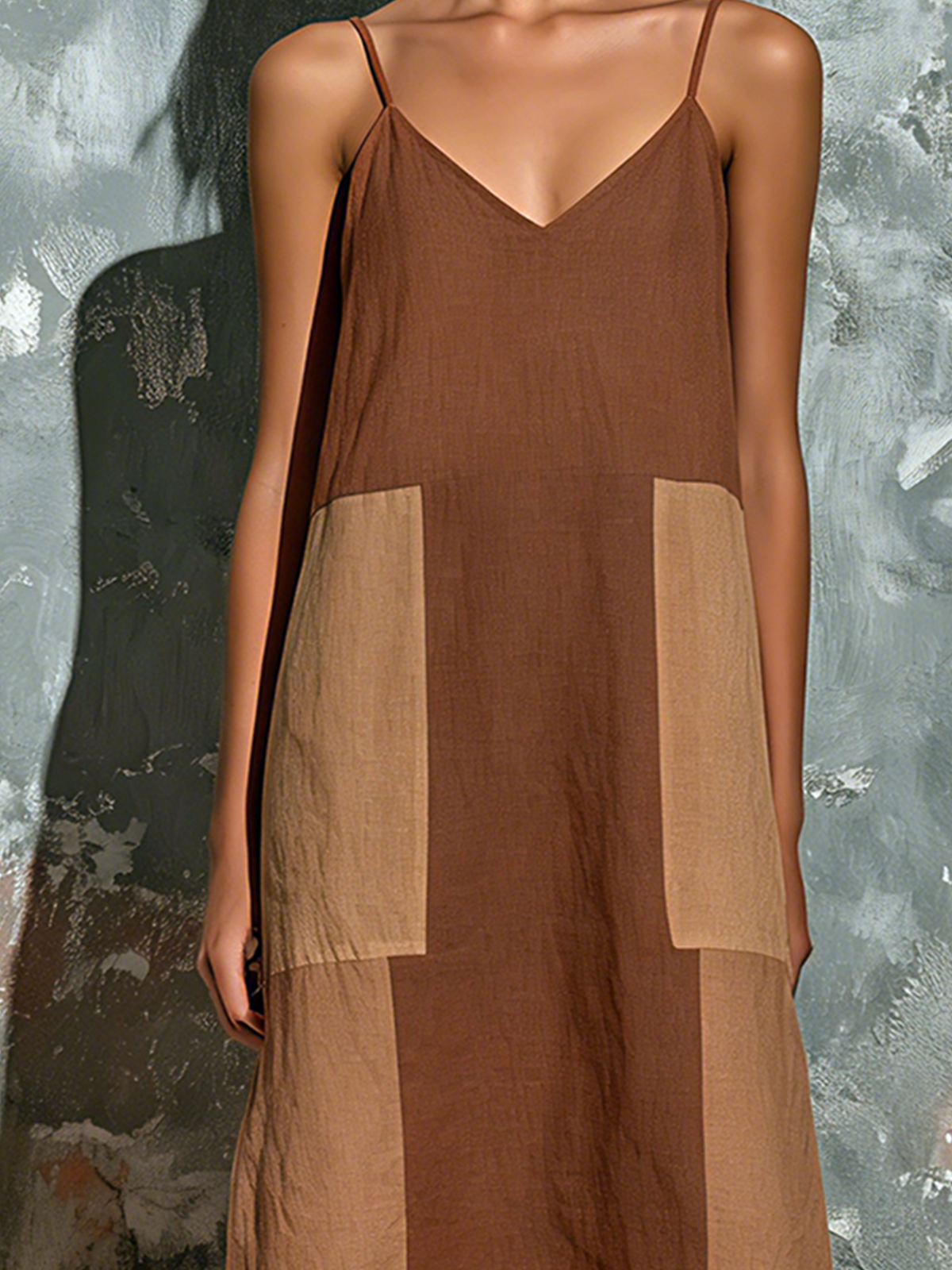 ElevenOra Chic Elegant Brown-Camel Colorblock Spaghetti Straps  V-Neck Sleeveless Loose-Fit Cotton-Linen Blend Midi Dress