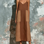 ElevenOra Chic Elegant Brown-Camel Colorblock Spaghetti Straps  V-Neck Sleeveless Loose-Fit Cotton-Linen Blend Midi Dress