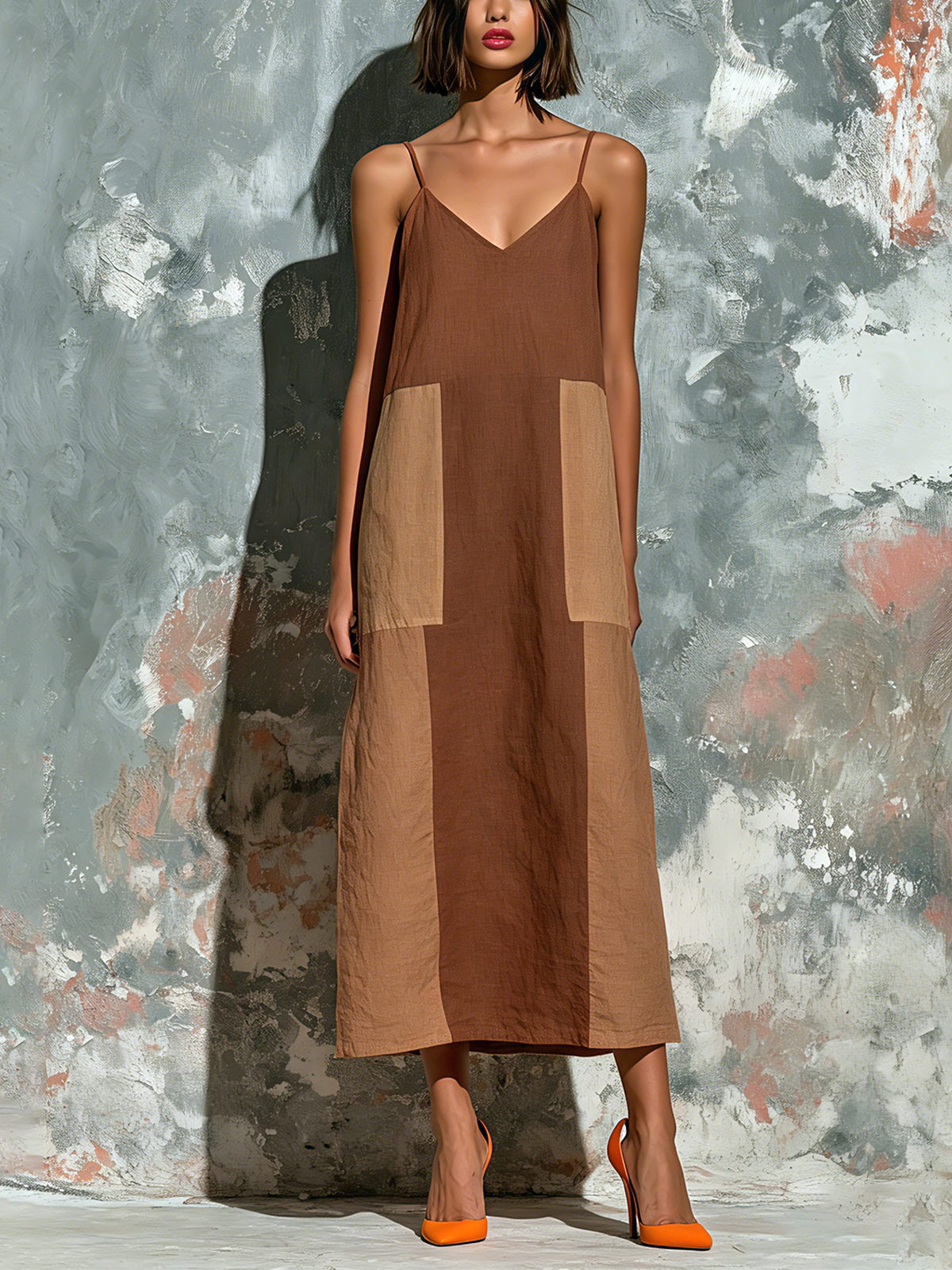 ElevenOra Chic Elegant Brown-Camel Colorblock Spaghetti Straps  V-Neck Sleeveless Loose-Fit Cotton-Linen Blend Midi Dress