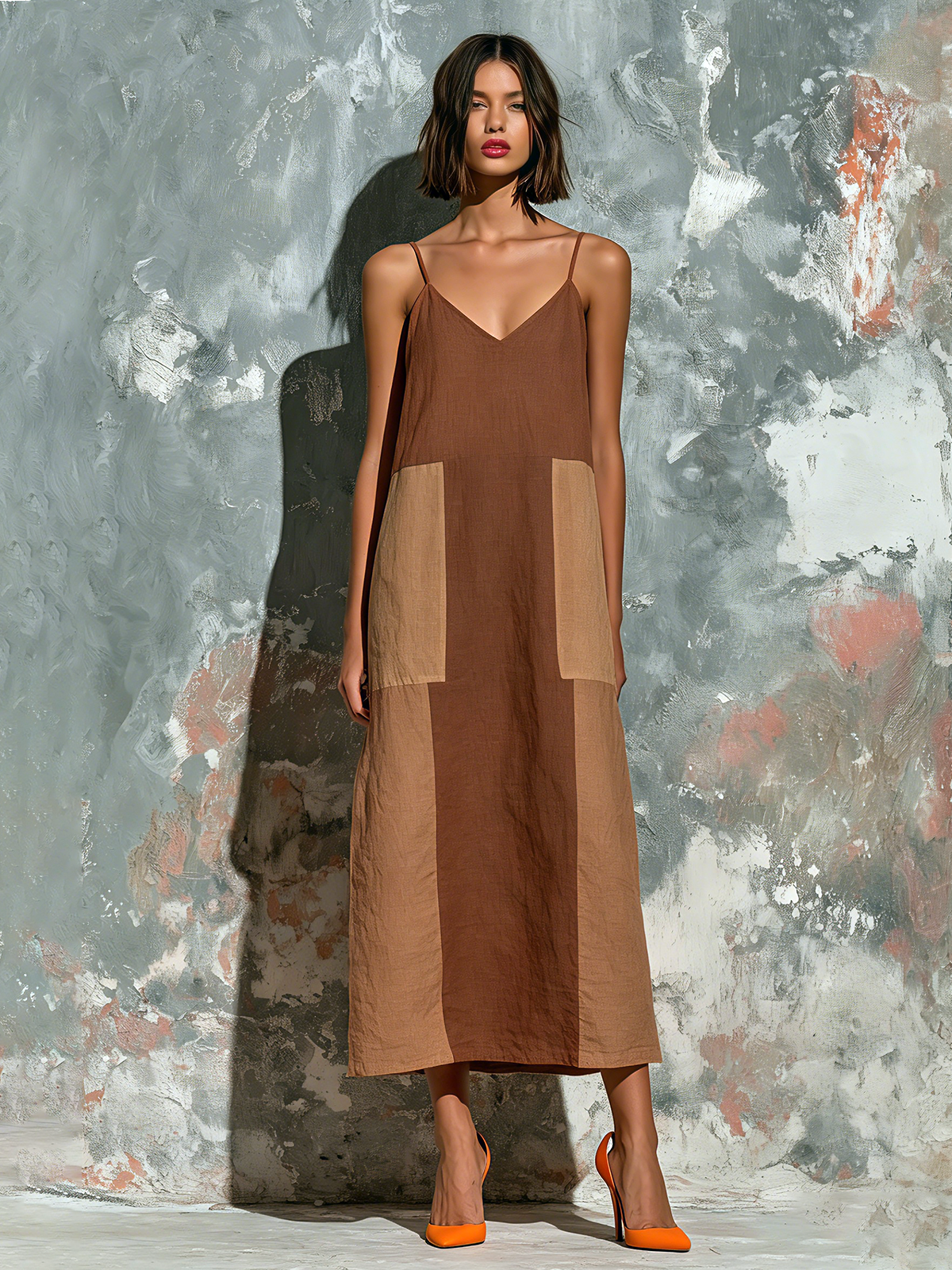 ElevenOra Chic Elegant Brown-Camel Colorblock Spaghetti Straps  V-Neck Sleeveless Loose-Fit Cotton-Linen Blend Midi Dress