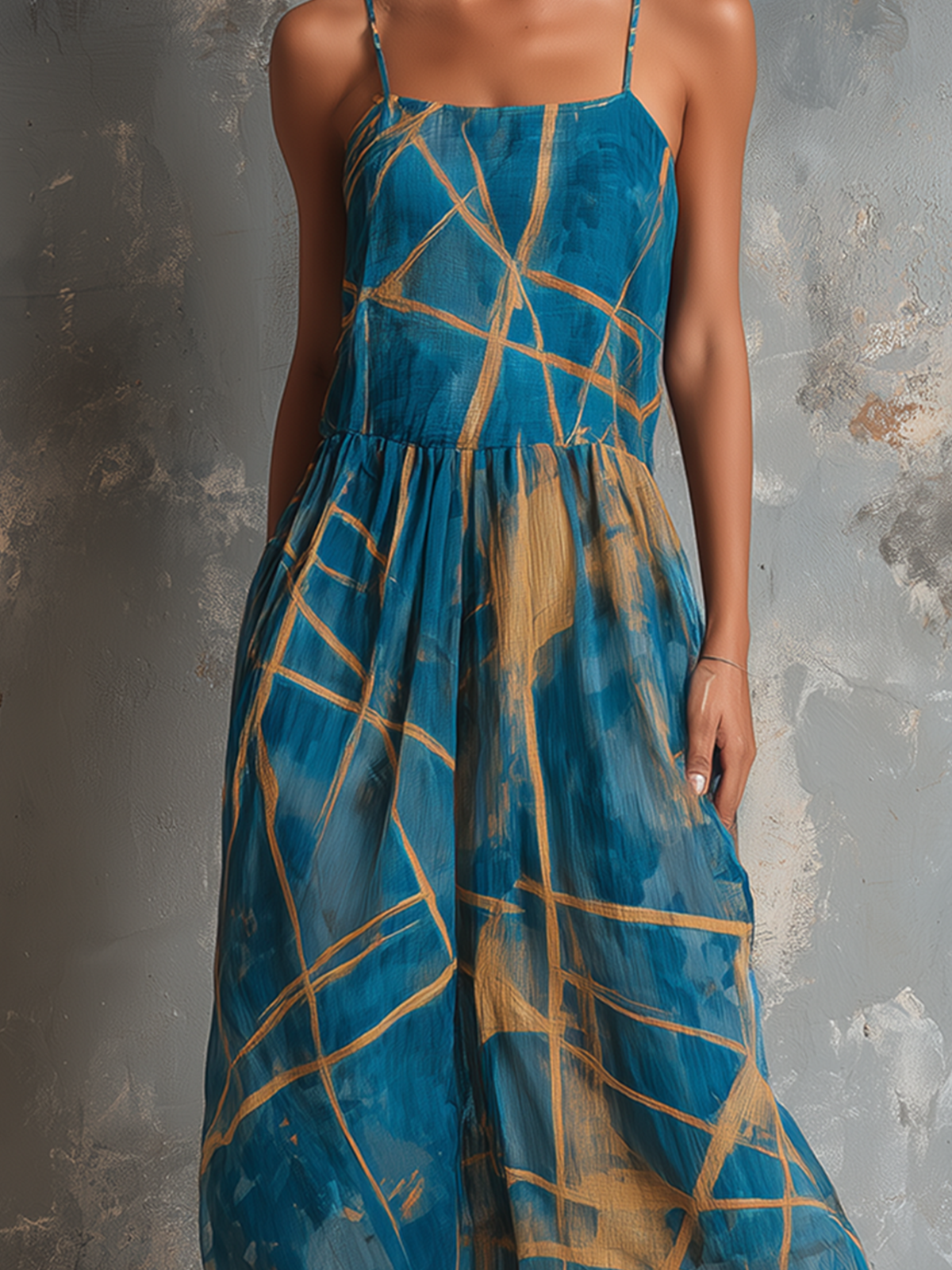 ElevenOra Chic Elegant Teal Blue Spaghetti Straps Square-Neck Abstract Line Print Sleeveless Loose-Fit A-Line Chiffon Maxi Dress