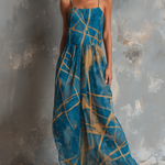 ElevenOra Chic Elegant Teal Blue Spaghetti Straps Square-Neck Abstract Line Print Sleeveless Loose-Fit A-Line Chiffon Maxi Dress