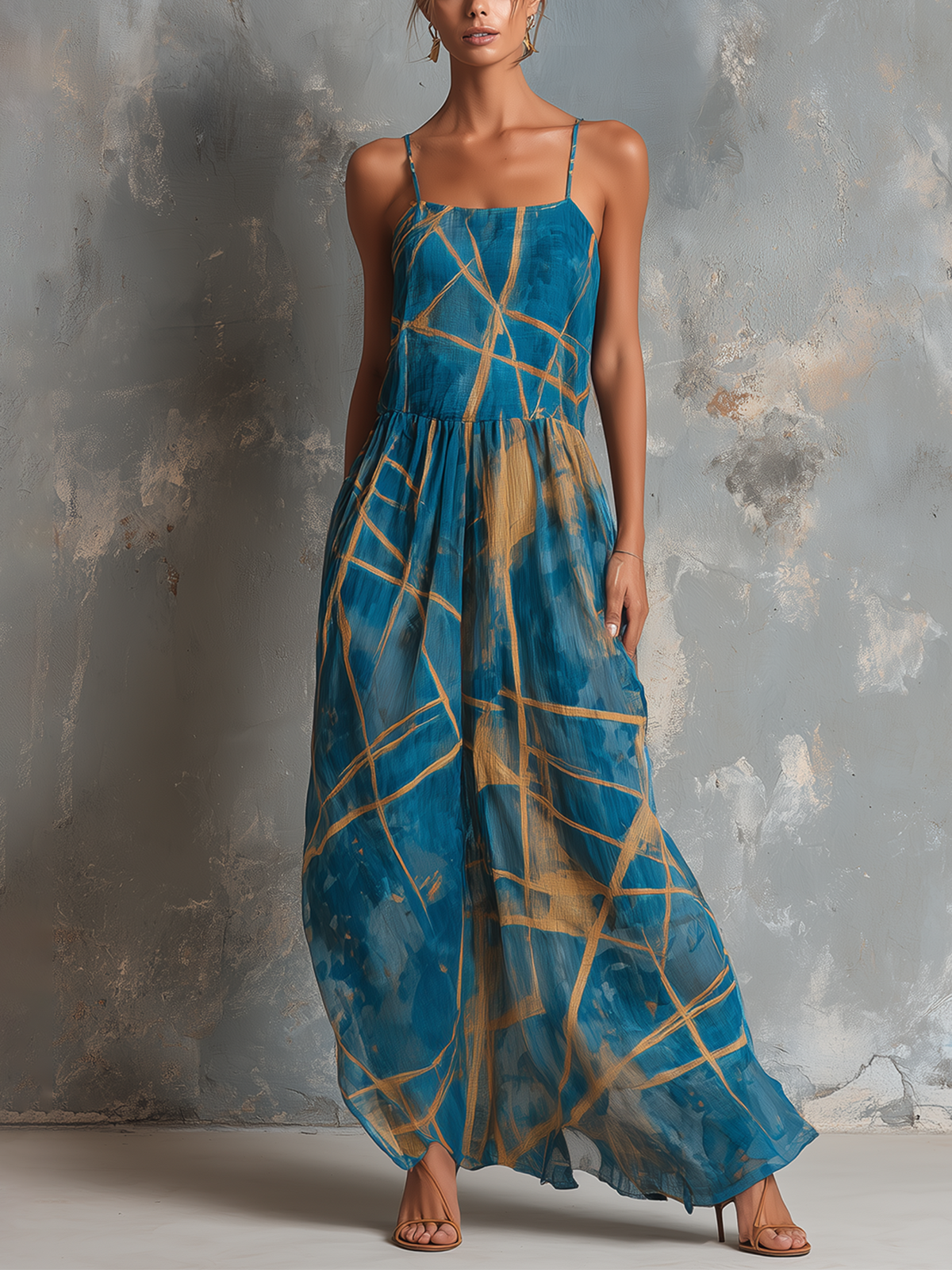 ElevenOra Chic Elegant Teal Blue Spaghetti Straps Square-Neck Abstract Line Print Sleeveless Loose-Fit A-Line Chiffon Maxi Dress
