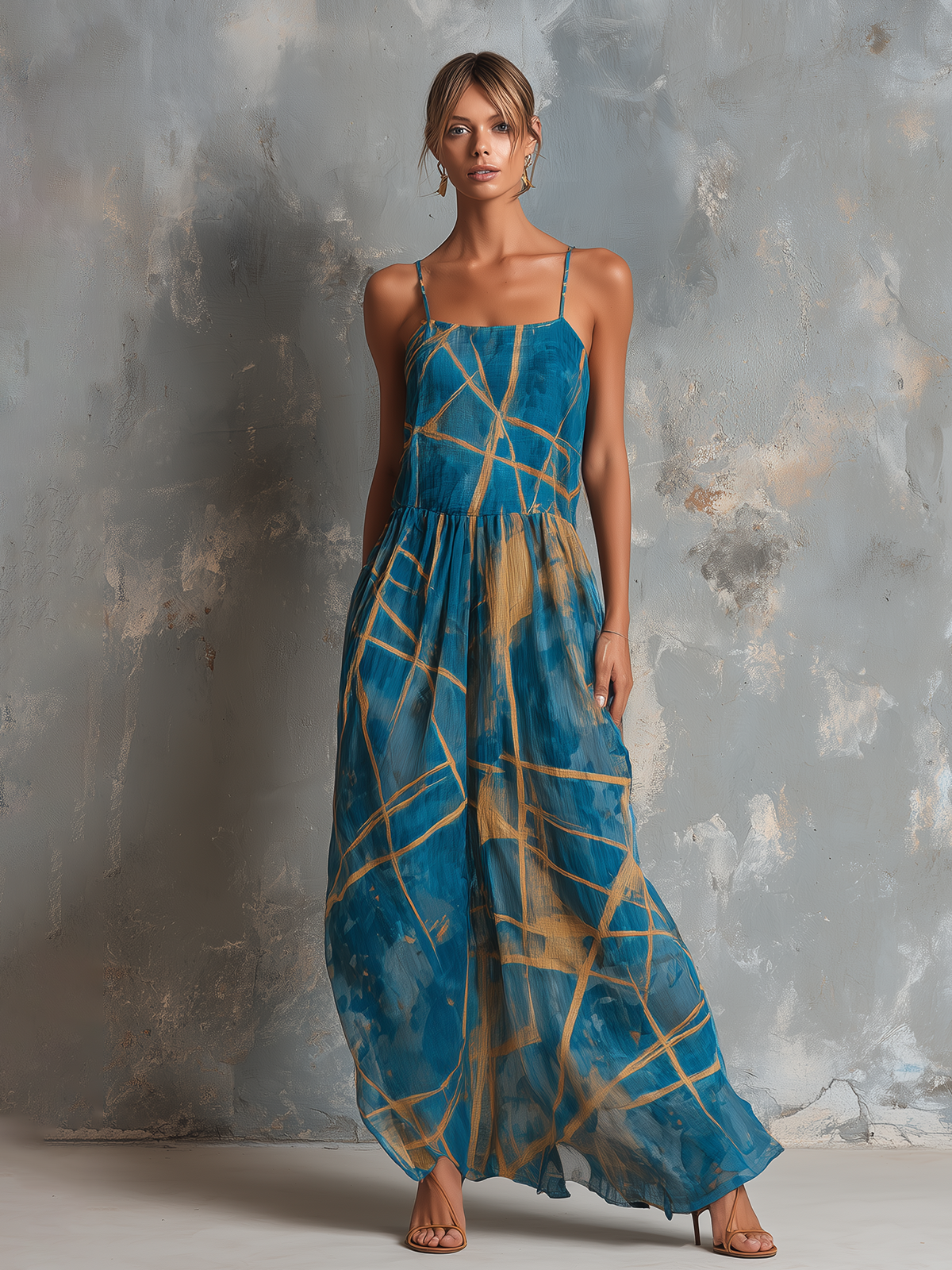 ElevenOra Chic Elegant Teal Blue Spaghetti Straps Square-Neck Abstract Line Print Sleeveless Loose-Fit A-Line Chiffon Maxi Dress