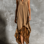ElevenOra Chic Elegant Camel  Lapel V-Neck Sleeveless Loose-Fit A-Line Asymmetric Print Chiffon Hem Knit Midi Dress