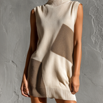 ElevenOra Chic Elegant Off-White-Camel Colorblock Mock Neck Sleeveless Loose-Fit Knit Mini Dress