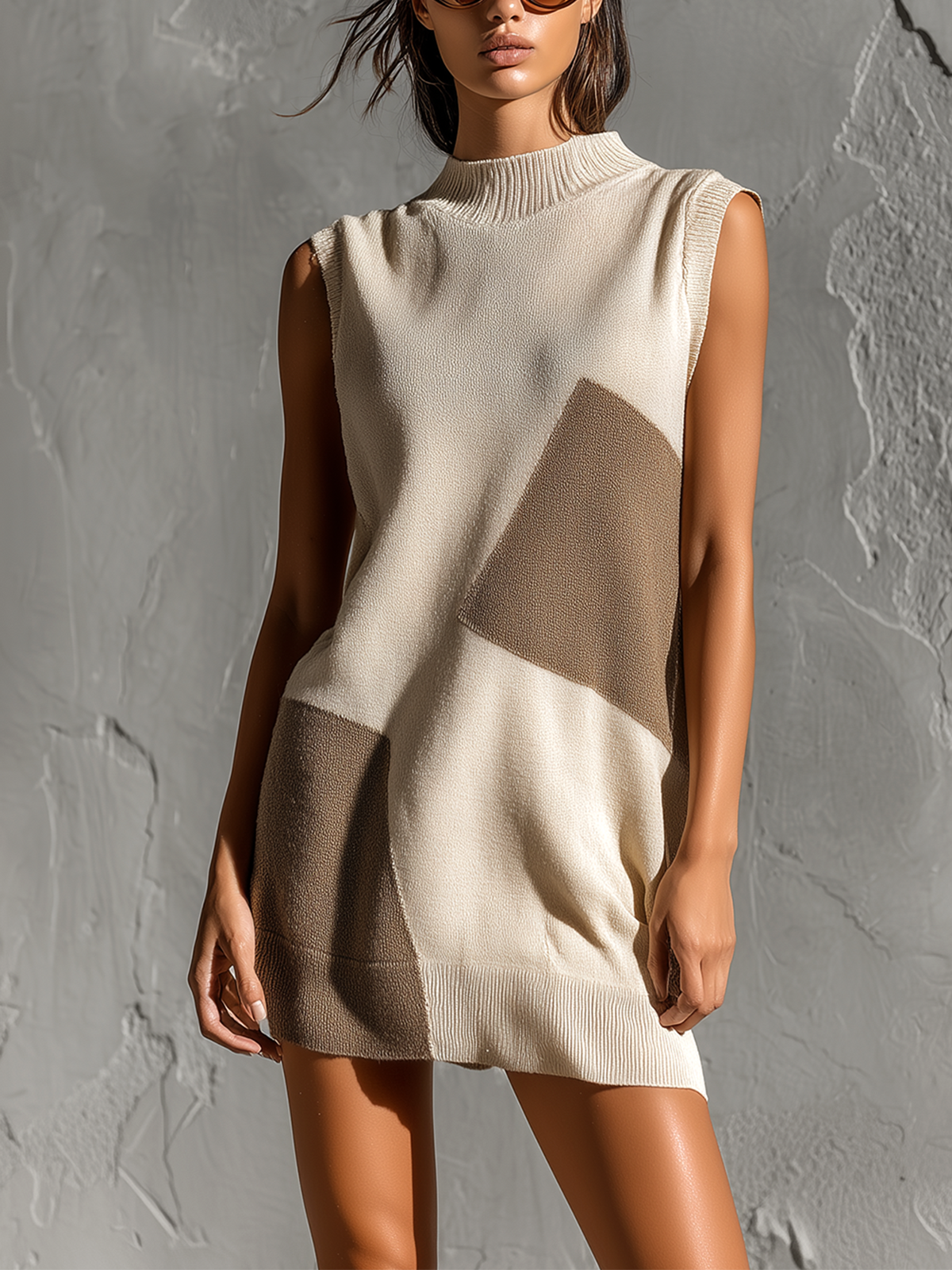 ElevenOra Chic Elegant Off-White-Camel Colorblock Mock Neck Sleeveless Loose-Fit Knit Mini Dress