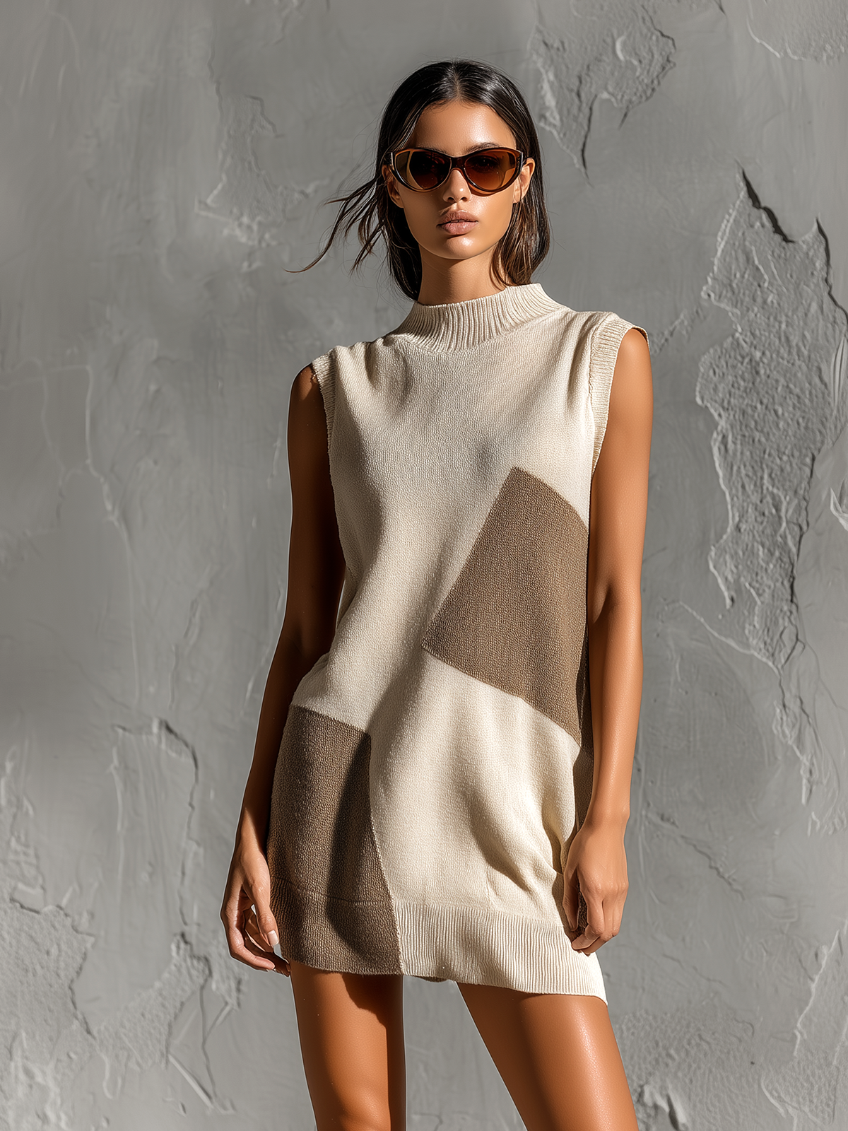 ElevenOra Chic Elegant Off-White-Camel Colorblock Mock Neck Sleeveless Loose-Fit Knit Mini Dress