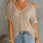 ElevenOra Chic Elegant Light Camel V-Neck Short-Sleeve Shoulder Cutout Detail Loose-Fit Mesh Knit Sweater Top