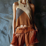 ElevenOra Chic Elegant Beige-Camel Colorblock Round-Neck Sleeveless Loose-Fit A-Line Knit Tank Top
