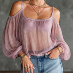 ElevenOra Chic Elegant Pink Textured Chiffon Spaghetti Straps Square-Neck Long-Lantern-Sleeve Loose-Fit Shirt