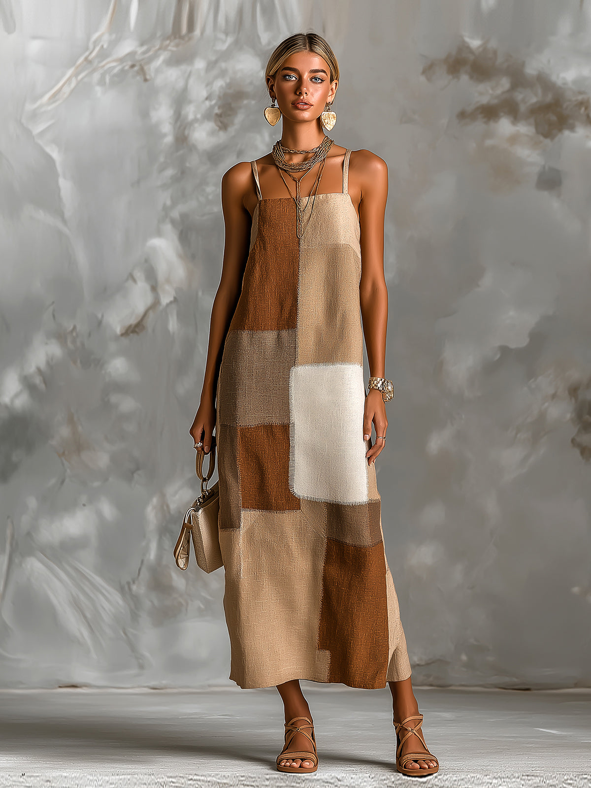 ElevenOra Chic Elegant Camel-Brown Colorblock Cotton Blend Spaghetti Straps Square-Neck Sleeveless A-Line Maxi Dress