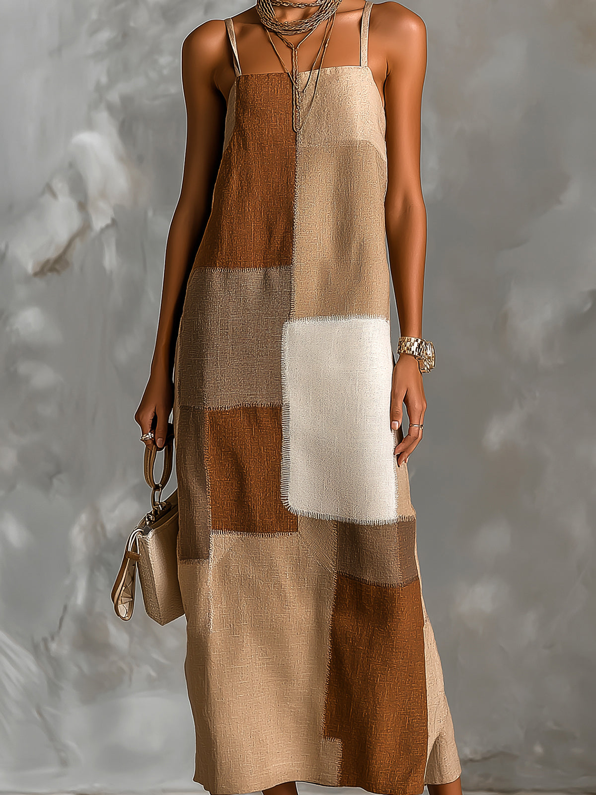 ElevenOra Chic Elegant Camel-Brown Colorblock Cotton Blend Spaghetti Straps Square-Neck Sleeveless A-Line Maxi Dress