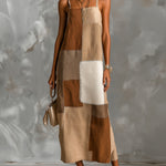 ElevenOra Chic Elegant Camel-Brown Colorblock Cotton Blend Spaghetti Straps Square-Neck Sleeveless A-Line Maxi Dress