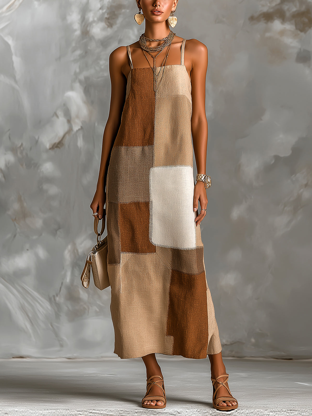 ElevenOra Chic Elegant Camel-Brown Colorblock Cotton Blend Spaghetti Straps Square-Neck Sleeveless A-Line Maxi Dress