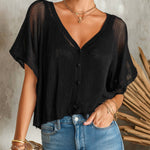 ElevenOra Chic Elegant Black V-Neck Short-Sleeve Single-Breasted Loose-Fit Mesh Knit Cardigan Top