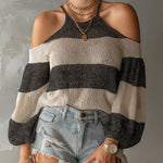 ElevenOra Chic Elegant Black-Beige Colorblock Halter-Neck Cold-Shoulder Long-Lantern-Sleeve Loose-Fit Knit Sweater