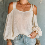 ElevenOra Chic Elegant Beige Square-Neck Cold-Shoulder Long-Lantern-Sleeve Loose-Fit Mesh Knit Sweater