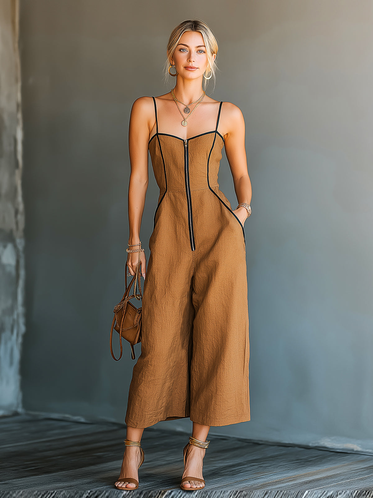 ElevenOra Chic Elegant Caramel Brown Cotton-Linen Blend Spaghetti Straps Zipper-Up Square-Neck Sleeveless Wide-Leg Jumpsuit