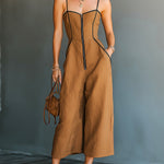 ElevenOra Chic Elegant Caramel Brown Cotton-Linen Blend Spaghetti Straps Zipper-Up Square-Neck Sleeveless Wide-Leg Jumpsuit