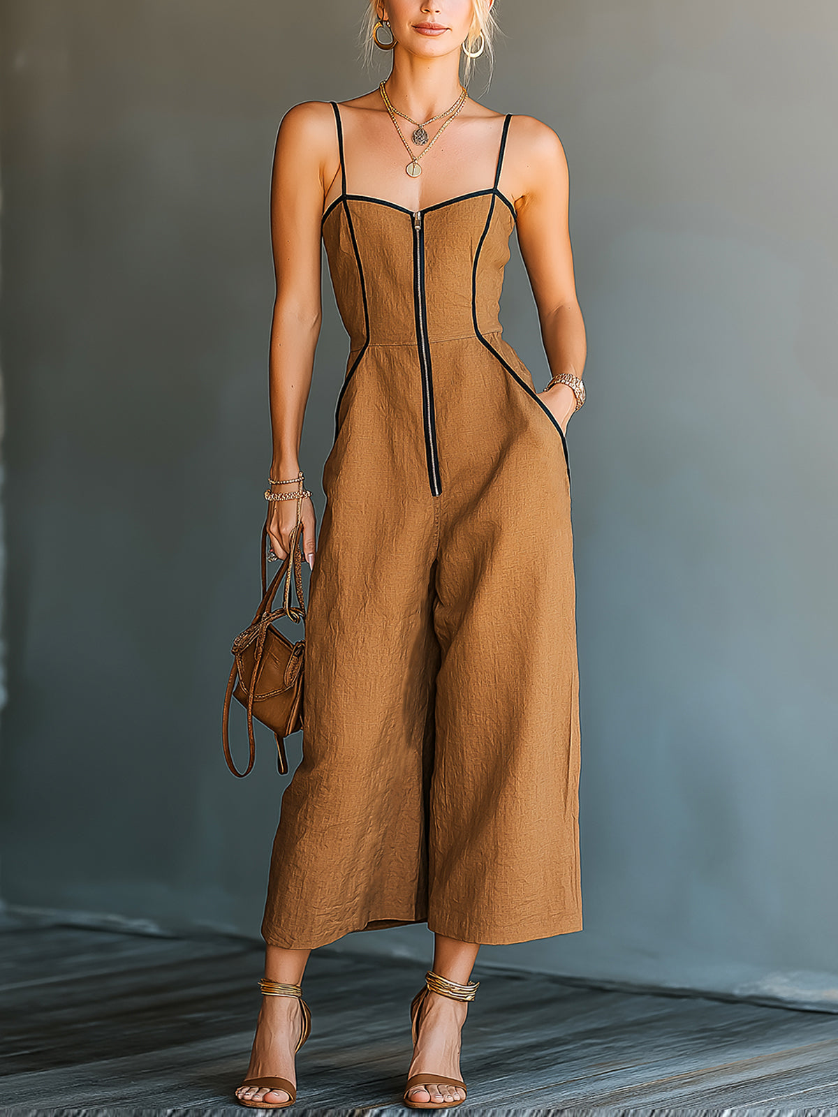 ElevenOra Chic Elegant Caramel Brown Cotton-Linen Blend Spaghetti Straps Zipper-Up Square-Neck Sleeveless Wide-Leg Jumpsuit