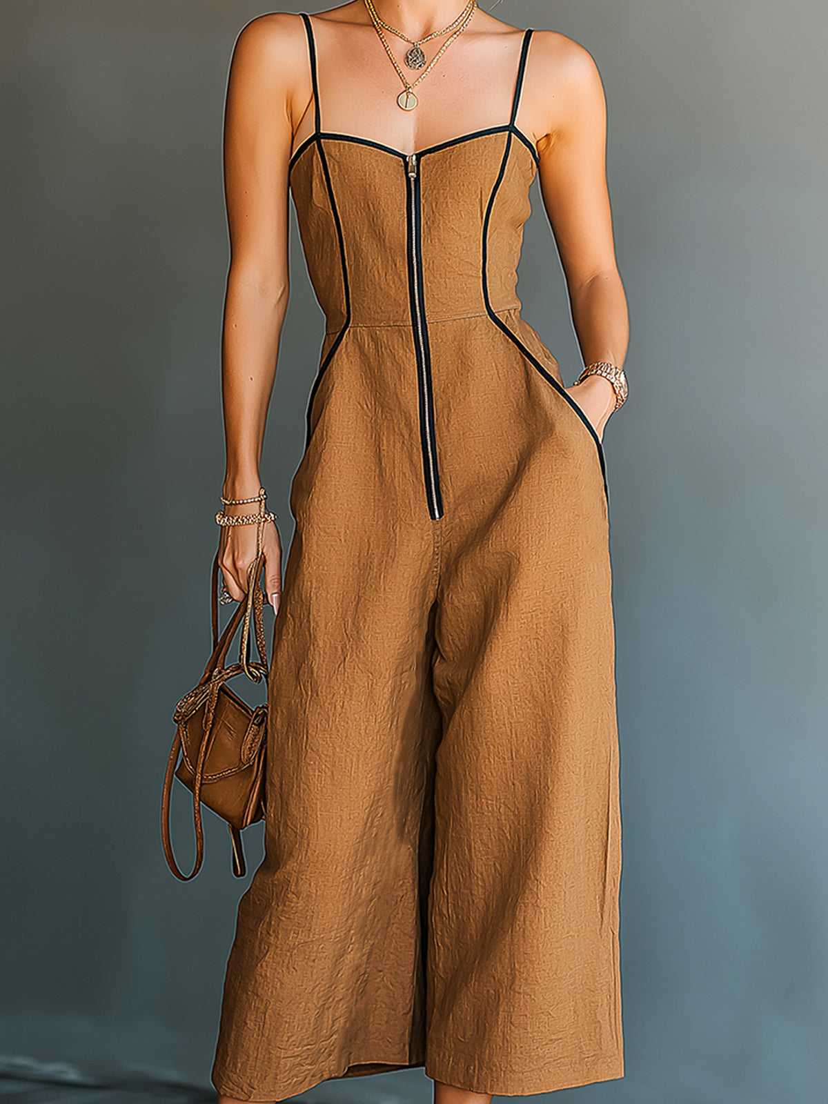 ElevenOra Chic Elegant Caramel Brown Cotton-Linen Blend Spaghetti Straps Zipper-Up Square-Neck Sleeveless Wide-Leg Jumpsuit