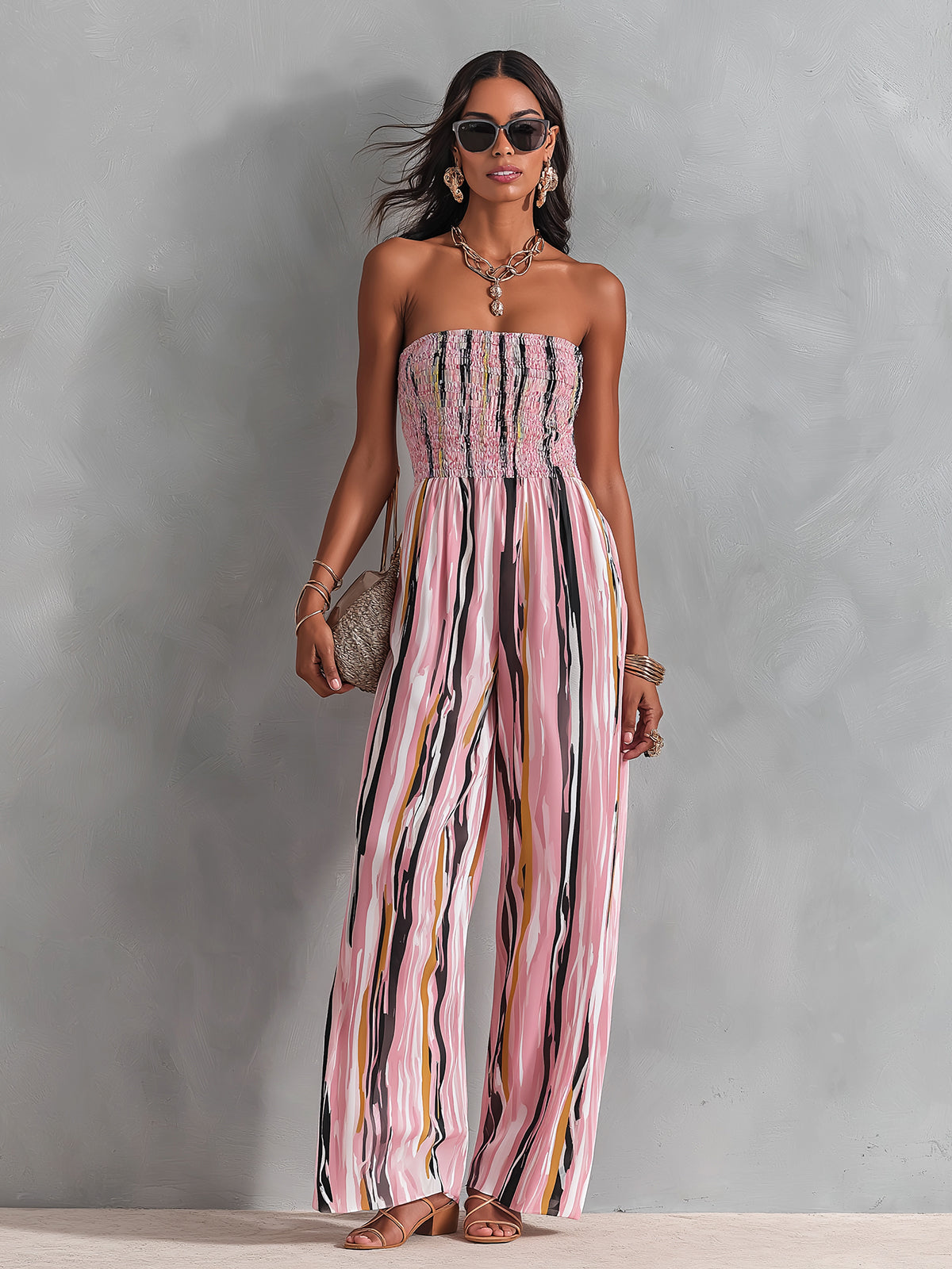 ElevenOra Chic Elegant Pink Stripes Chiffon Shirring Detail Strapless Square-Neck Sleeveless Straight-Leg Jumpsuit