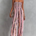 ElevenOra Chic Elegant Pink Stripes Chiffon Shirring Detail Strapless Square-Neck Sleeveless Straight-Leg Jumpsuit