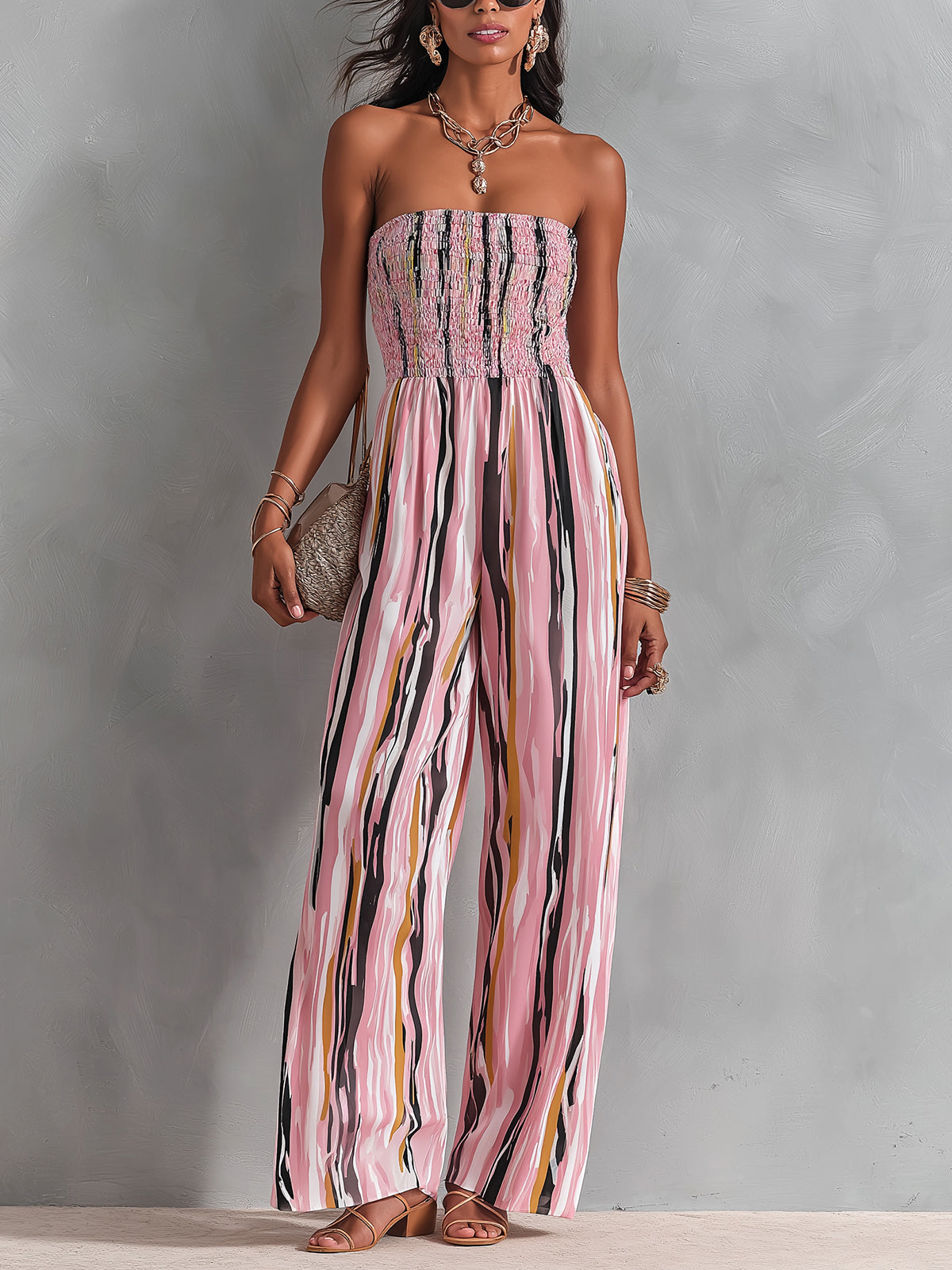 ElevenOra Chic Elegant Pink Stripes Chiffon Shirring Detail Strapless Square-Neck Sleeveless Straight-Leg Jumpsuit