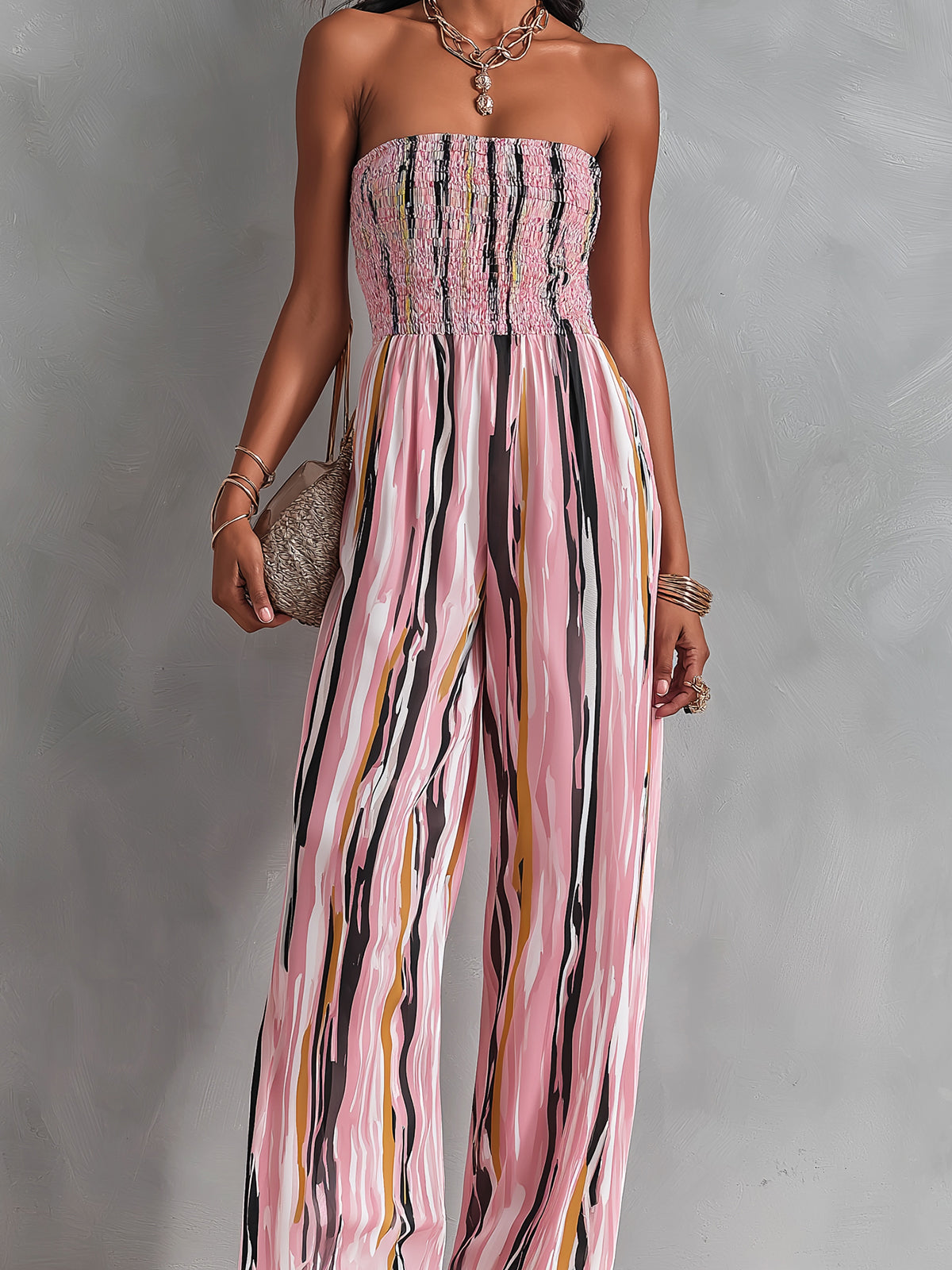 ElevenOra Chic Elegant Pink Stripes Chiffon Shirring Detail Strapless Square-Neck Sleeveless Straight-Leg Jumpsuit