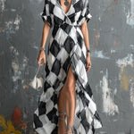 ElevenOra Chic Elegant Black-White Colorblock Argyle Pattern Chiffon Lapel V-Neck Short-Sleeve Slit Detail Maxi Dress