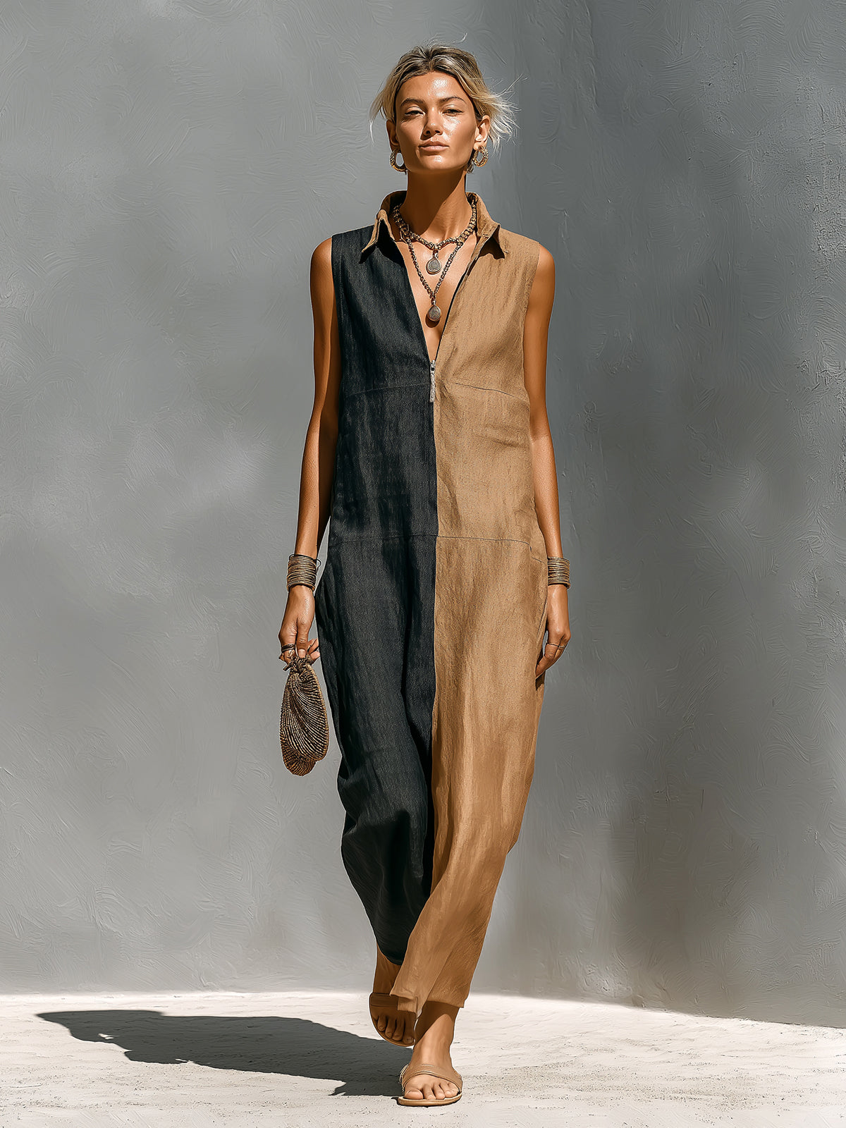 ElevenOra Chic Elegant Camel-Black Colorblock Cotton-Linen Blend Zipper-Up Lapel Collar Sleeveless Loose-Fit Maxi Dress