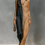 ElevenOra Chic Elegant Camel-Black Colorblock Cotton-Linen Blend Zipper-Up Lapel Collar Sleeveless Loose-Fit Maxi Dress
