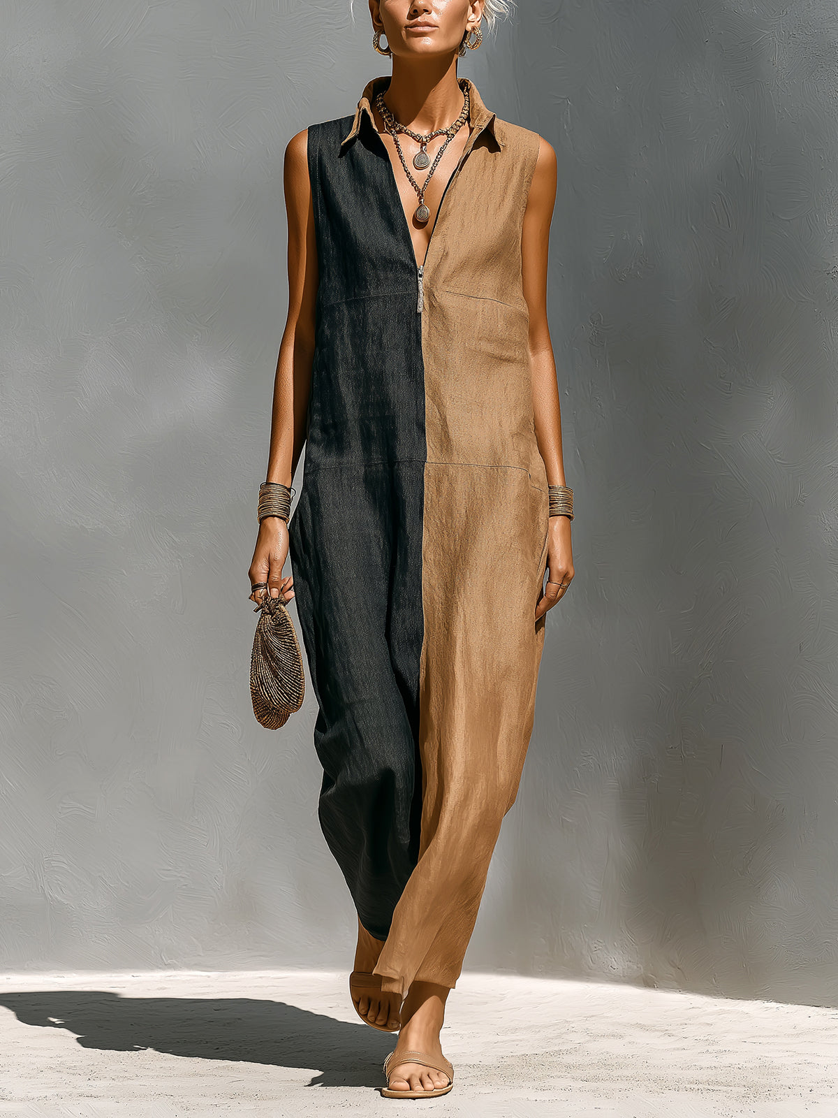 ElevenOra Chic Elegant Camel-Black Colorblock Cotton-Linen Blend Zipper-Up Lapel Collar Sleeveless Loose-Fit Maxi Dress