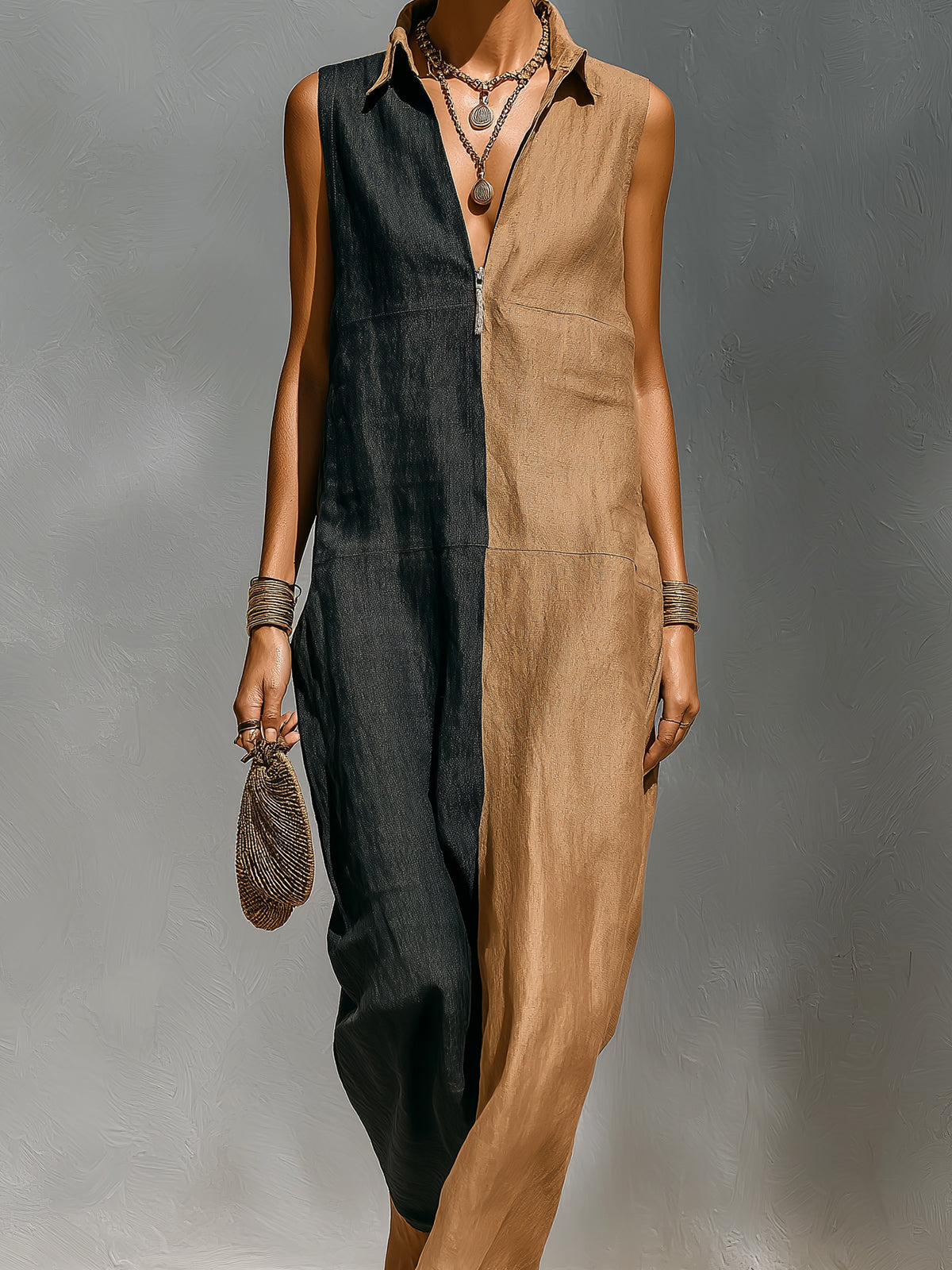 ElevenOra Chic Elegant Camel-Black Colorblock Cotton-Linen Blend Zipper-Up Lapel Collar Sleeveless Loose-Fit Maxi Dress