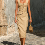ElevenOra Chic Elegant Light Camel Cotton-Linen Blend Button-Front Square-Neck Sleeveless Slim-Fit Midi Dress