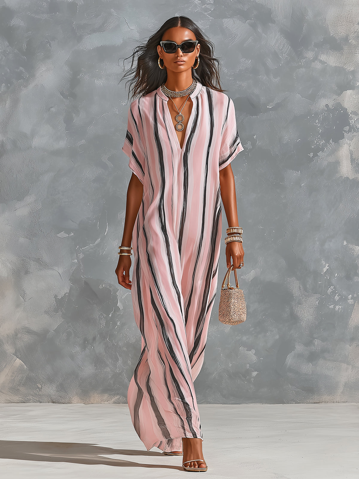 ElevenOra Chic Elegant Pink-Black Stripes Chiffon V-Neck Short-Sleeve Loose-Fit Maxi Dress