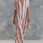 ElevenOra Chic Elegant Pink-Black Stripes Chiffon V-Neck Short-Sleeve Loose-Fit Maxi Dress
