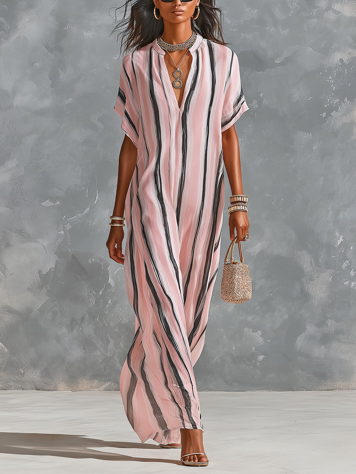 ElevenOra Chic Elegant Pink-Black Stripes Chiffon V-Neck Short-Sleeve Loose-Fit Maxi Dress