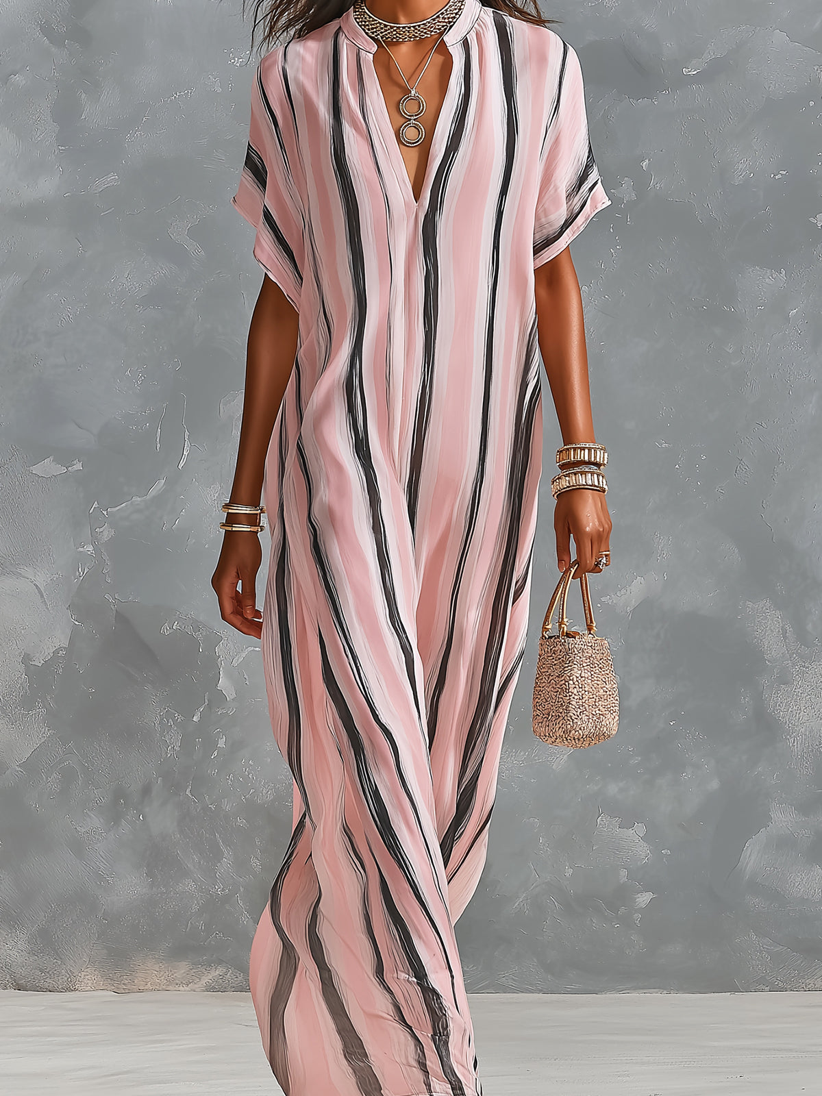 ElevenOra Chic Elegant Pink-Black Stripes Chiffon V-Neck Short-Sleeve Loose-Fit Maxi Dress