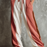 ElevenOra Chic Elegant White-Pink Colorblock Elastic Waist French Terry Wide-Leg Pants