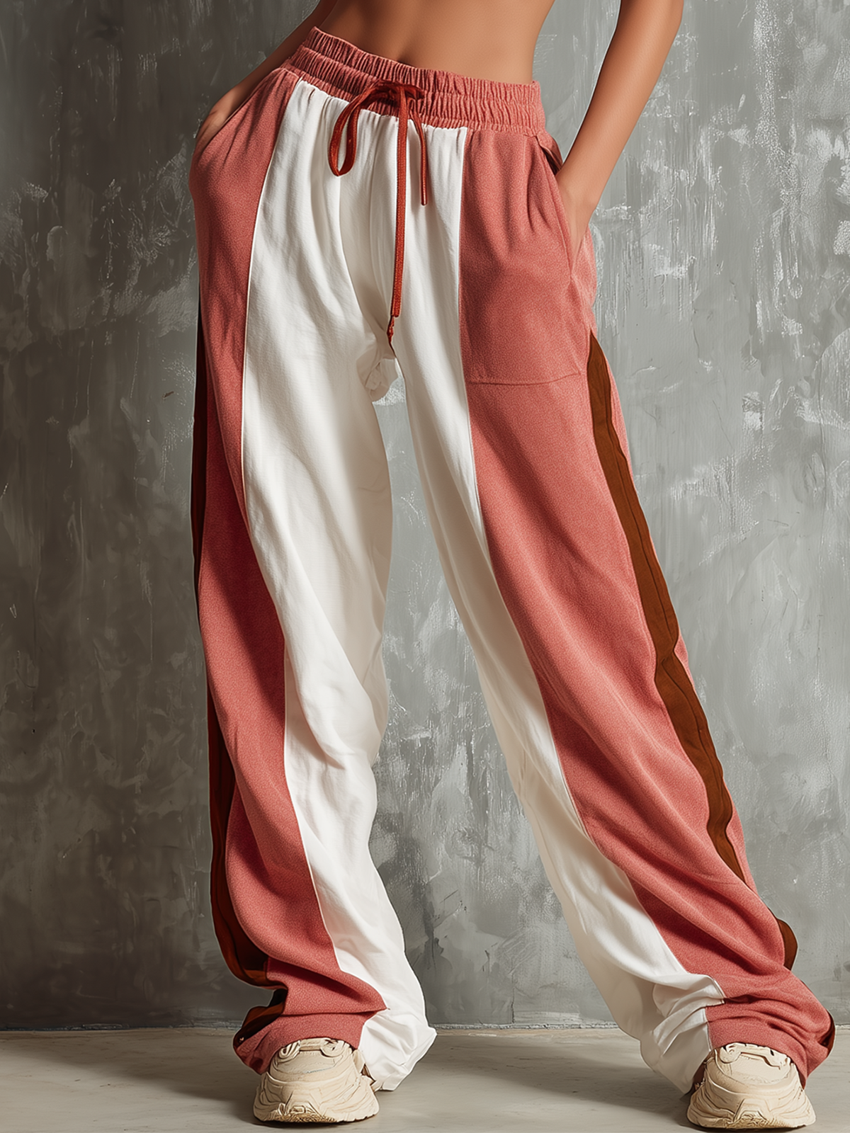 ElevenOra Chic Elegant White-Pink Colorblock Elastic Waist French Terry Wide-Leg Pants