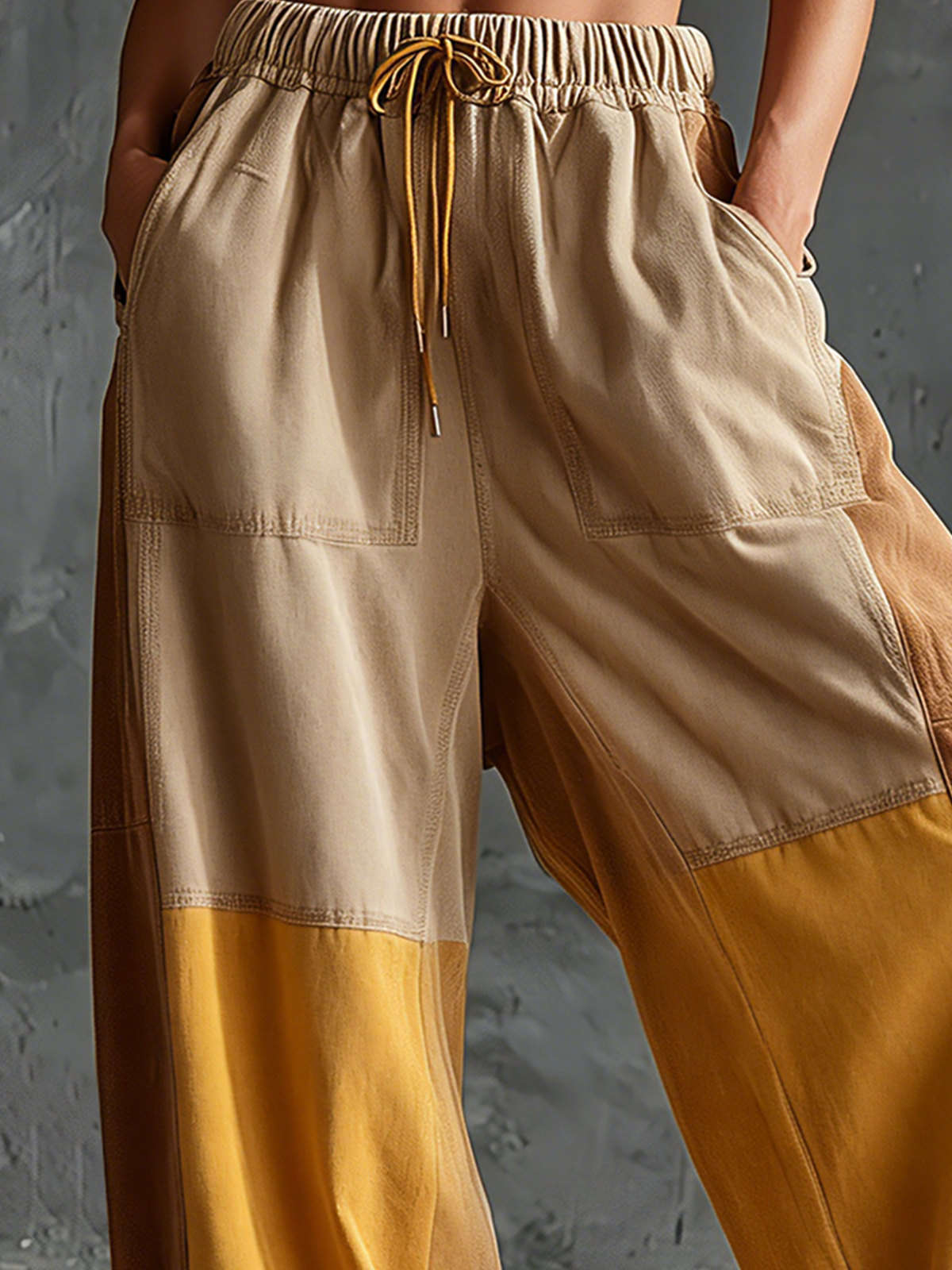 ElevenOra Chic Elegant Beige- Mustard Yellow-Camel Colorblock Elastic Waist Cotton Blend Wide-Leg Pants